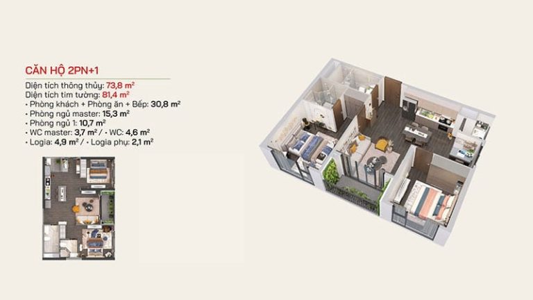 Layout bóc mái căn hộ 2pn + 1 tại Lumiere Orient Pearl